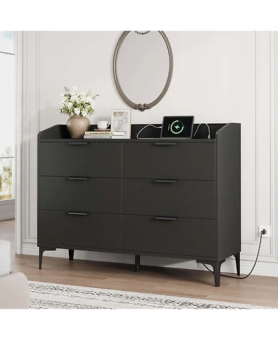 homfan 6-Drawer Dresser with Power Outlets, Usb Ports, Wide Wooden Storage Chest for Bedroom Living Room Entryway