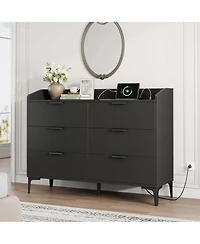 homfan 6-Drawer Dresser with Power Outlets, Usb Ports, Wide Wooden Storage Chest for Bedroom Living Room Entryway