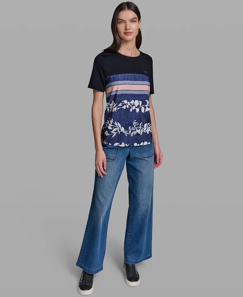 Karl Lagerfeld Paris Women's Short-Sleeve Mix-Media Printed Knit Top