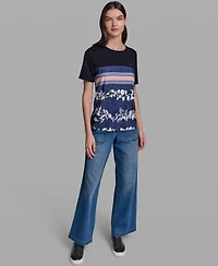 Karl Lagerfeld Paris Women's Short-Sleeve Mix-Media Printed Knit Top