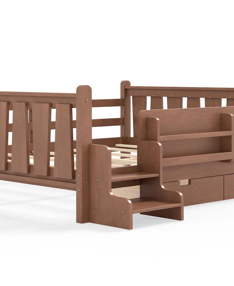 Streamdale Furniture Solid Wood Queen Floor Bed with Storage Bookcases, Drawers, and Stairs
