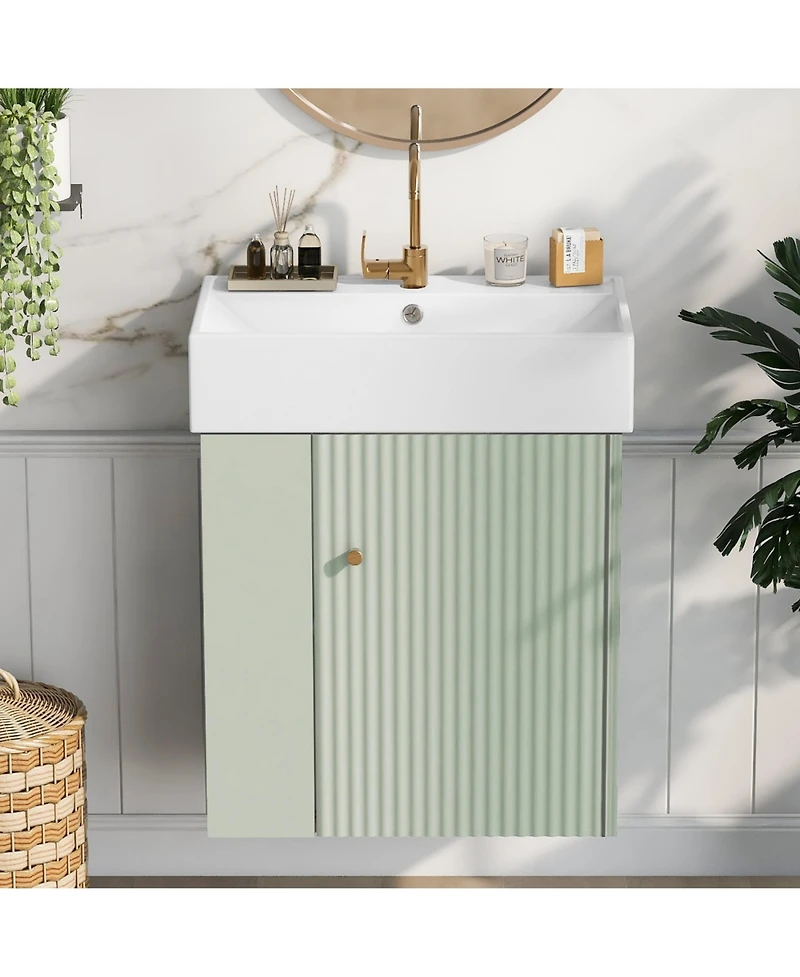 Phying 21.6 Inch Wall Mounted Floating Bathroom Vanity Modern Storage Cabinet with Ceramic Basin and Left Side Storage for Small Bathrooms