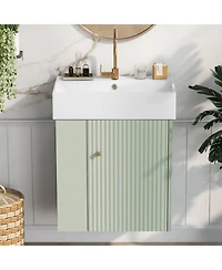 Phying 21.6 Inch Wall Mounted Floating Bathroom Vanity Modern Storage Cabinet with Ceramic Basin and Left Side Storage for Small Bathrooms