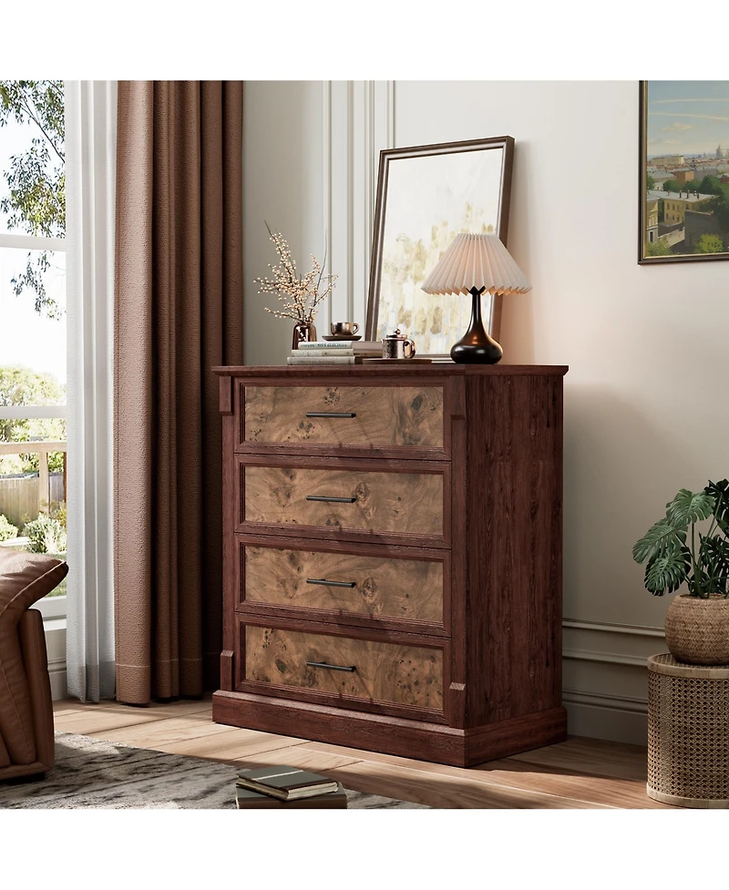 homfan 4-Drawer Farmhouse Tall Chest with Metal Handles, Rustic Dresser for Bedroom Living Room Hallway