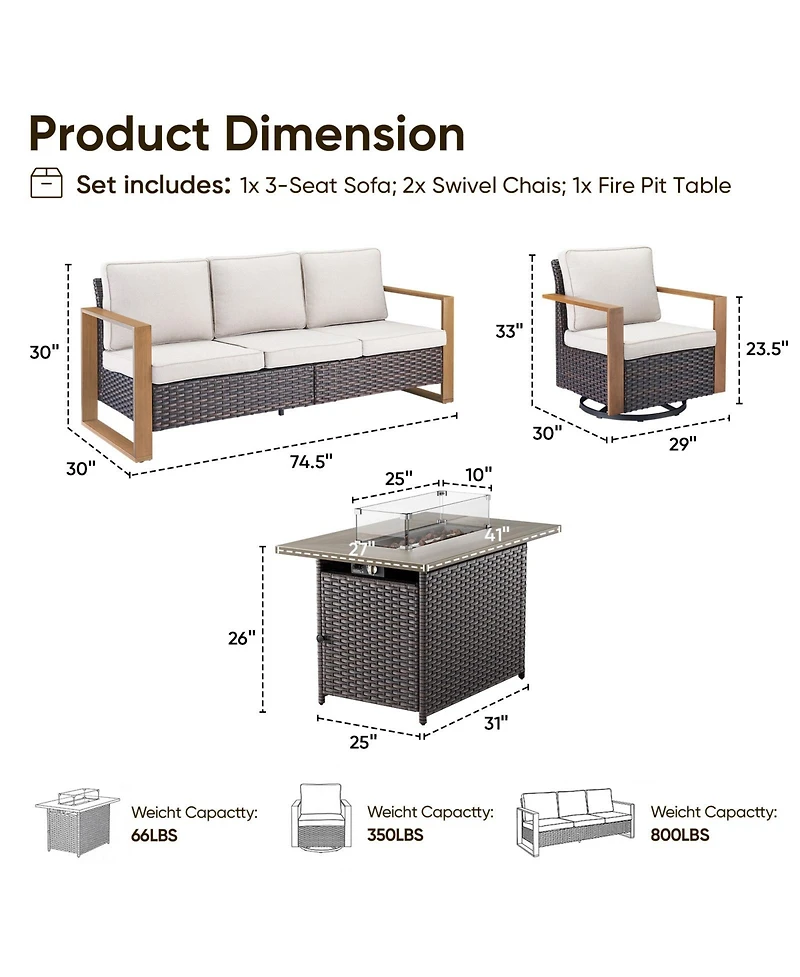 Pocassy 4 Pieces Patio Furniture Set with Propane Fire Pit Table, Deep Seating Wicker Sofa Couch Swivel Glider Chairs Conversation