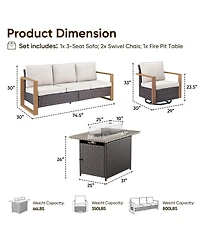 Pocassy 4 Pieces Patio Furniture Set with Propane Fire Pit Table, Deep Seating Wicker Sofa Couch Swivel Glider Chairs Conversation