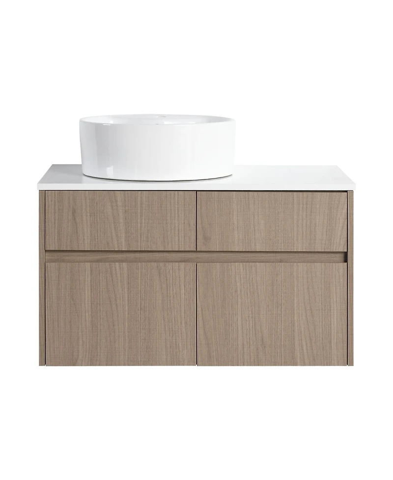 Sillysis 31.5 Inch Wall Mounted Bathroom Vanity with Round Ceramic Sink, Storage Drawers and Wood Grain Finish for Modern Bathrooms