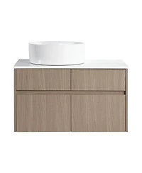 Sillysis 31.5 Inch Wall Mounted Bathroom Vanity with Round Ceramic Sink, Storage Drawers and Wood Grain Finish for Modern Bathrooms