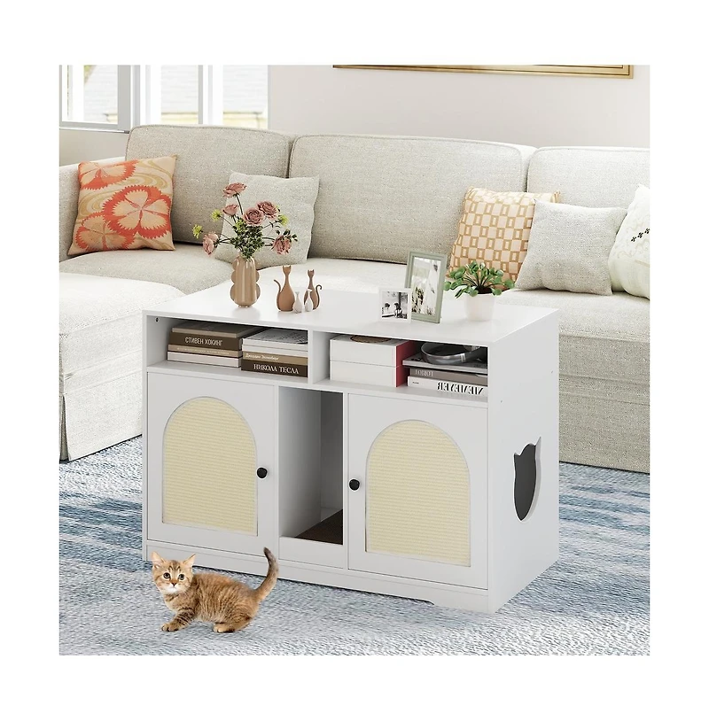 Ruie 43 in Dual-Room Cat Litter Box Enclosure with Sisal Scratching Mats