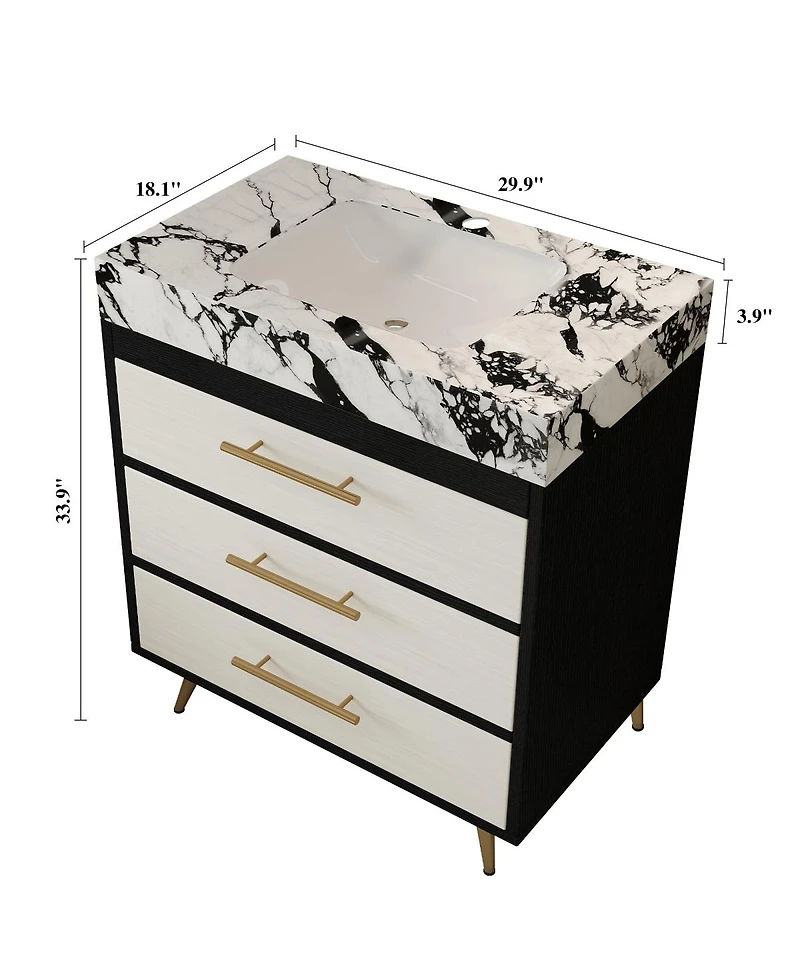 Sillysis Freestanding Bathroom Vanity with Sintered Stone Top, Ceramic Sink, Soft-Close Drawers, Modern Storage Cabinet-Sillysis