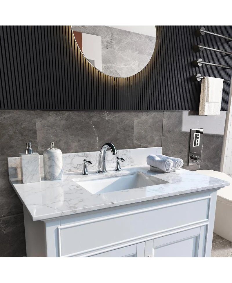 Sillysis 31/37/43 Inch Carrara Marble Stone Vanity Top with Ceramic Undermount Sink and Backsplash
