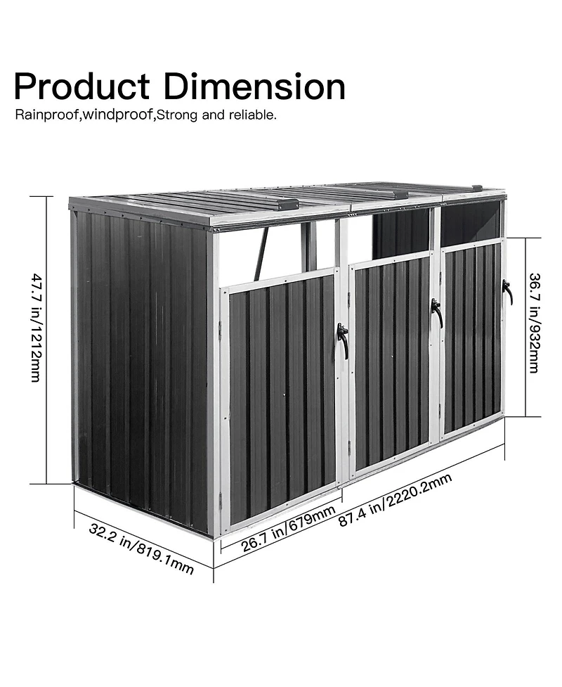 Mondawe Outdoor Metal Garbage Bin Shed for 3 Trash Cans