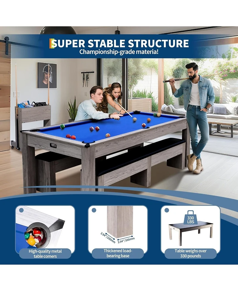 Xo 7FT 3-in-1 Pool Table Dining Combo, Billiard Table with Ping Pong Top and Accessories, Space-Saving Family Game Table