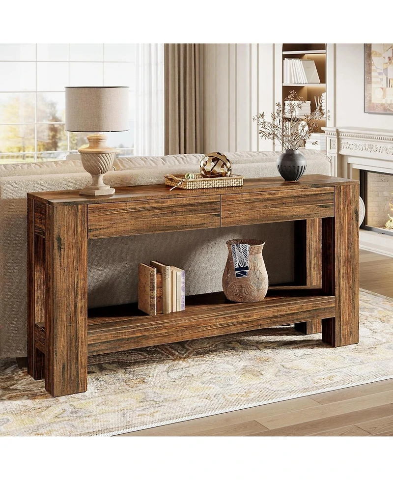 Tribesigns 63" Console Table with 2 Drawers, Long Sofa Table Behind Couch for Living Room, Hallway, Foyer