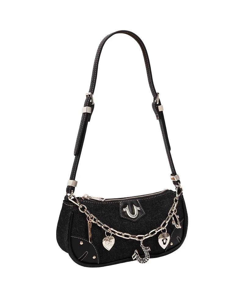 True Religion Women's Horseshoe Chain Shoulder Bag - Charm Detail Zip Top Purse with Adjustable Strap