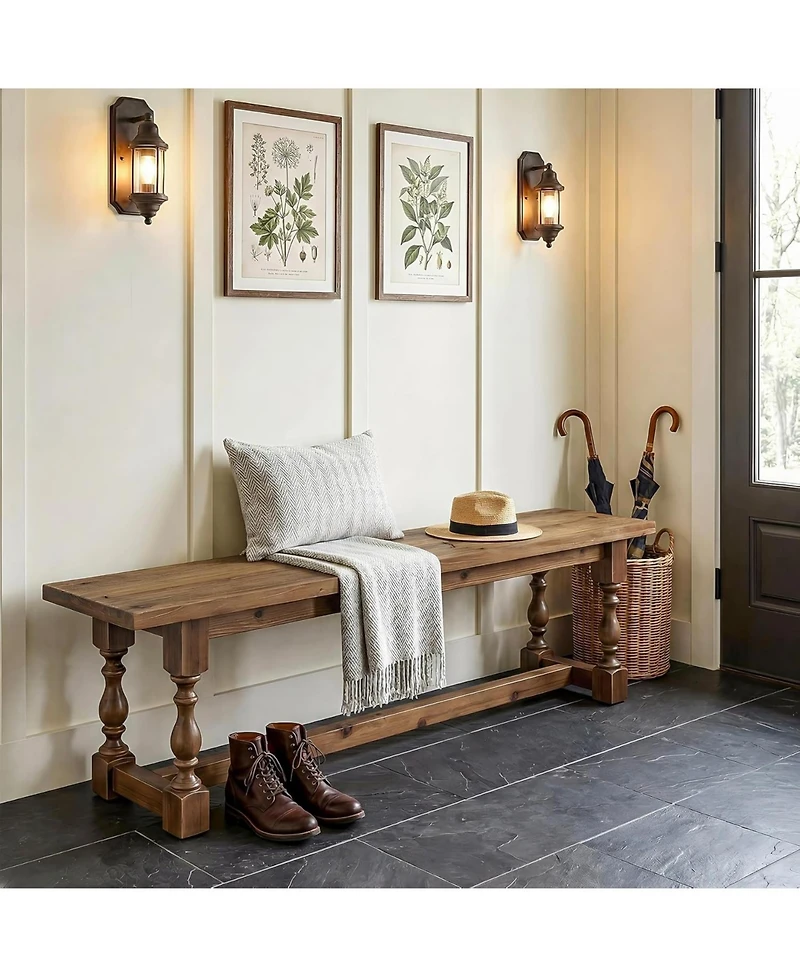 Tribesigns Rustic Solid Wood Entryway Bench, 59.1" Long Farmhouse Dining Seat with Turned Legs, End of Bed Bench