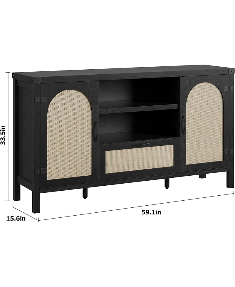 homfan Farmhouse Rattan Sideboard Buffet Cabinet 59 Inch Storage Unit Coffee Bar with Drawer and Open Shelves Wooden Entryway Organizer