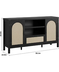 homfan Farmhouse Rattan Sideboard Buffet Cabinet 59 Inch Storage Unit Coffee Bar with Drawer and Open Shelves Wooden Entryway Organizer