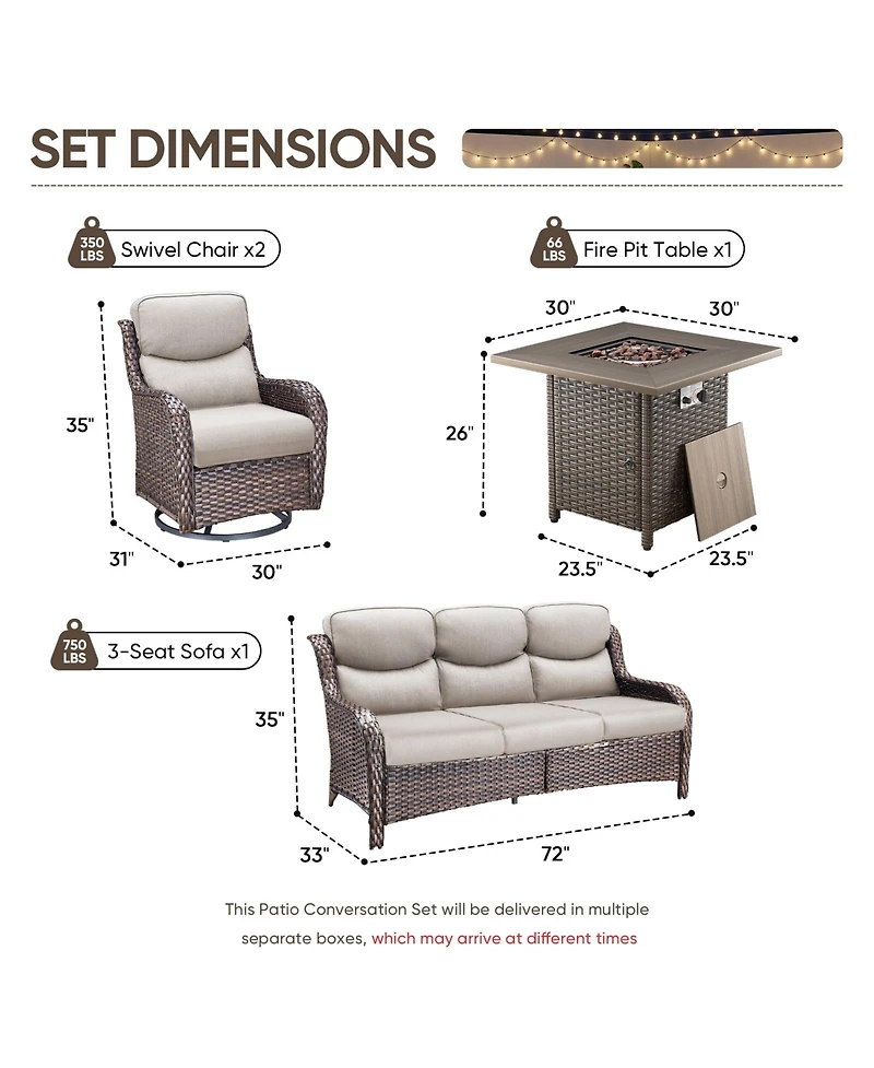 Pocassy 4 Pieces Patio Furniture Set with Fire Pit High Back Outdoor 5-inch Cushions Wicker Swivel Rocker Chairs