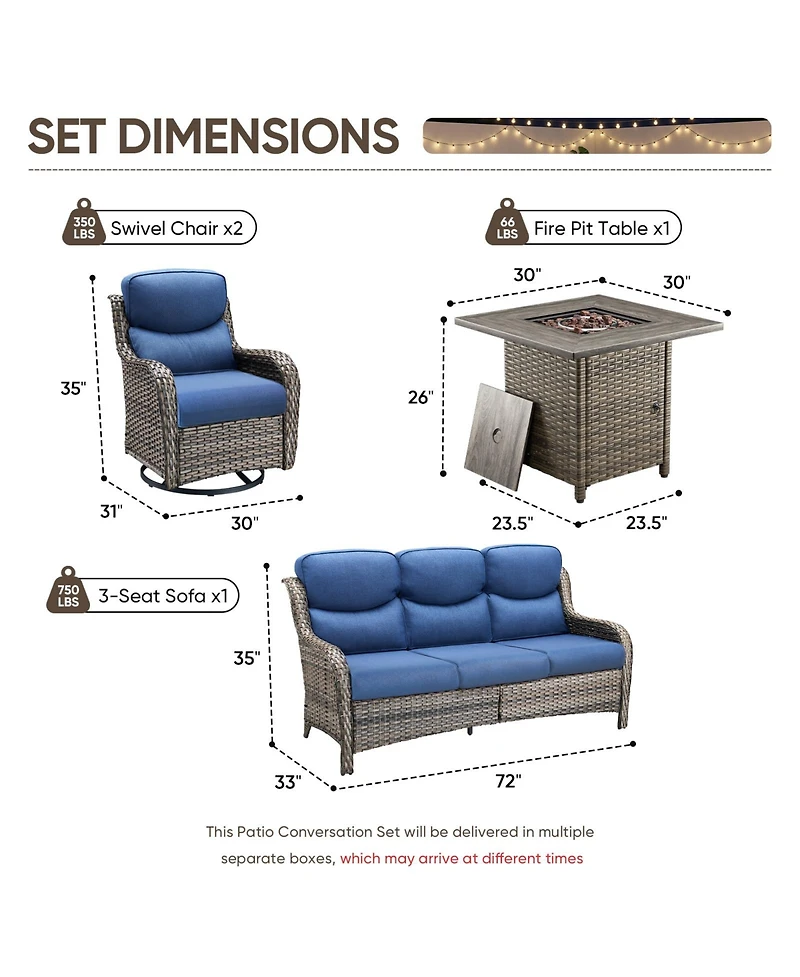 Pocassy 4 Pieces Patio Furniture Set with Fire Pit High Back Outdoor 5-inch Cushions Wicker Swivel Rocker Chairs