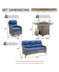 Pocassy 4 Pieces Patio Furniture Set with Fire Pit High Back Outdoor 5-inch Cushions Wicker Swivel Rocker Chairs