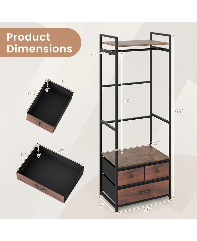 Slickblue Metal Clothes Rack with Storage Drawers and Hooks