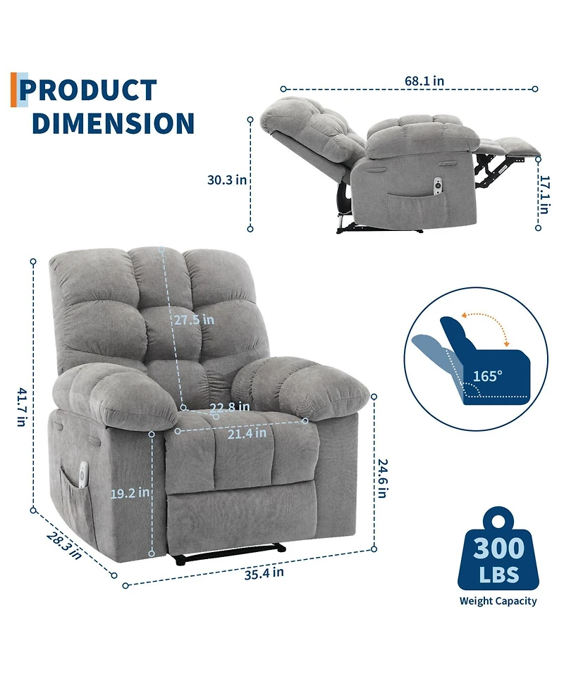 homfan Ergonomic Rocking Recliner with Massage and Heat, Wide Padded Breathable Upholstery, Dual Side Pockets and Remote for Living Room and Bedroom