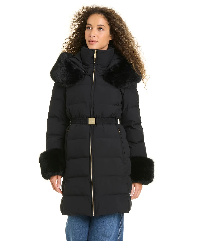 Kate Spade New York Women's Faux-Fur Arm Cuff Hooded Puffer Coat