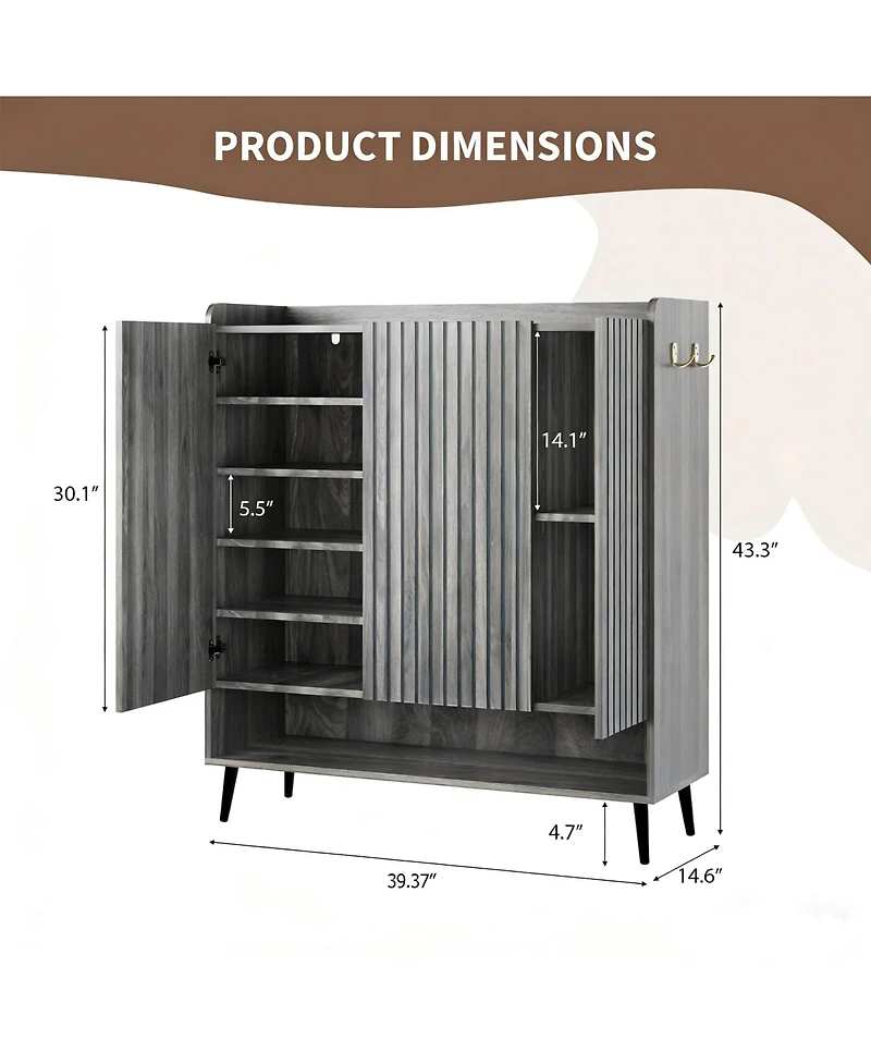 homfan Large Shoe Cabinet with Doors, 3 Door Storage Adjustable Shelves and Hooks, 6 Tier Organizer for Entryway
