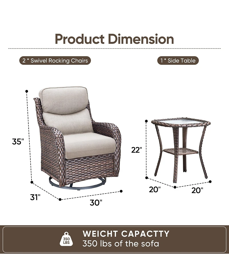 Pocassy Outdoor Swivel Glider Rocker Chairs with 5-in Cushion - 3 Piece Patio Furniture Set, Bistro Sets Tempered Glass Side Table
