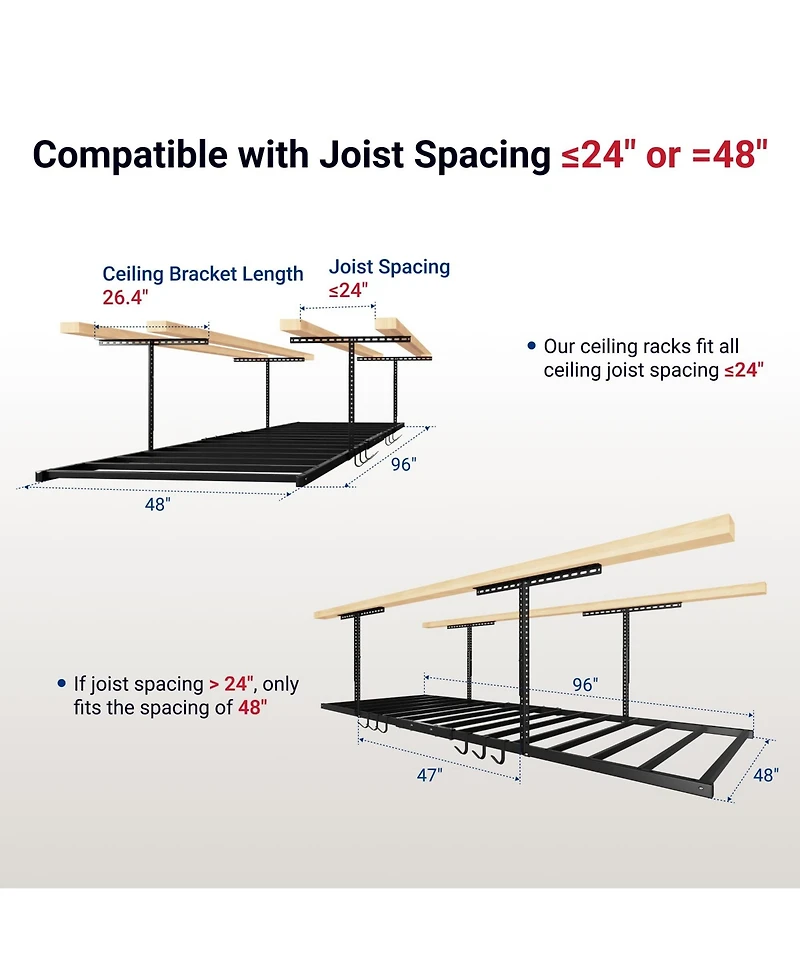 Fleximounts 2 Pack 4x8ft Overhead Garage Storage Rack with 6 Hooks, 22.6" -39.4" Ceiling Dropdown, Lite Series