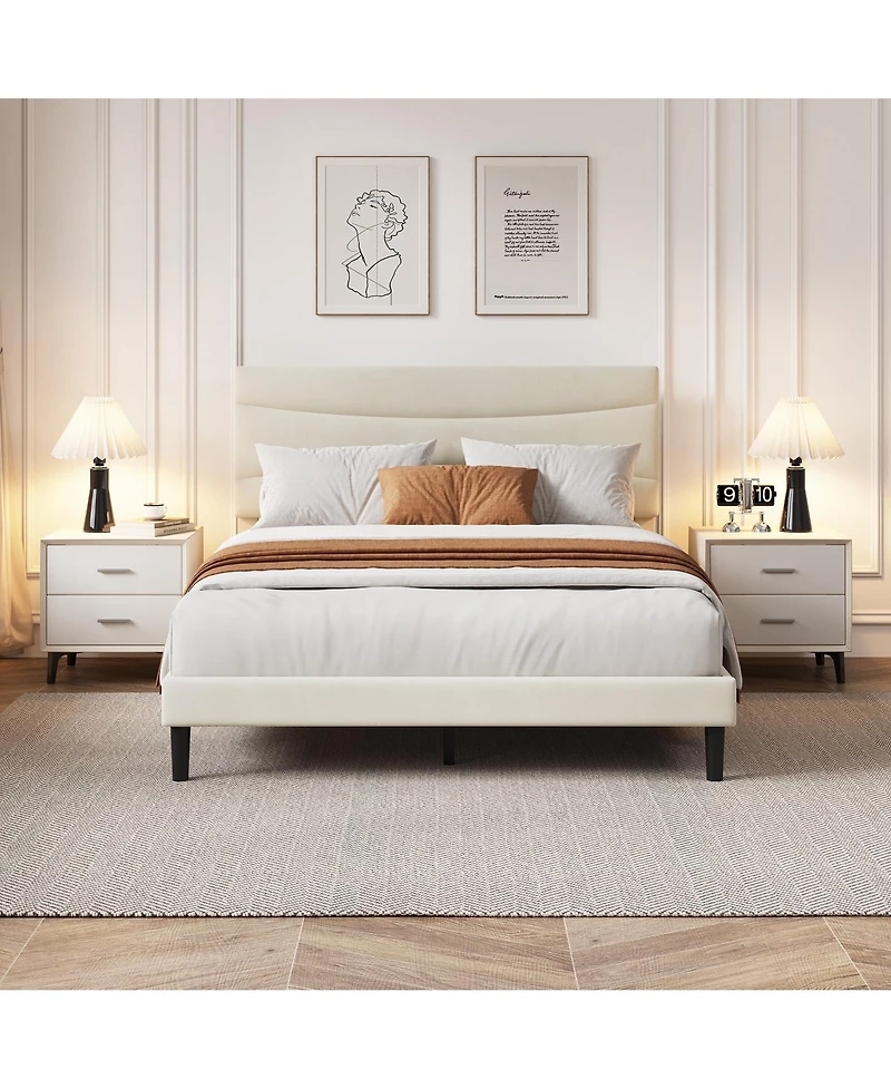 homfan Upholstered Platform Bed Frame with Curved Headboard, Wood Slat Support, Underbed Storage