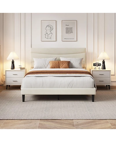 homfan Upholstered Platform Bed Frame with Curved Headboard, Wood Slat Support, Underbed Storage