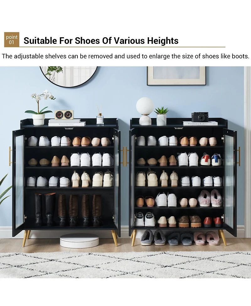 homfan Modern 5-Tier Shoe Cabinet with Glass Double Doors Adjustable Shelves, Sturdy Support Legs, Entryway Storage Organizer for Hallway, Living Room