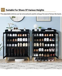 homfan Modern 5-Tier Shoe Cabinet with Glass Double Doors Adjustable Shelves, Sturdy Support Legs, Entryway Storage Organizer for Hallway, Living Room