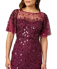 Adrianna Papell Women's Beaded Mesh Flutter-Sleeve Midi Dress