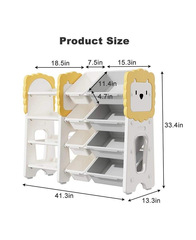 Rainsken 4-Tier Kids Bookshelf and Toy Organizer with 8 Removable Storage Bins, for Study Room, Bedroom, Playroom, Classroom and Nursery
