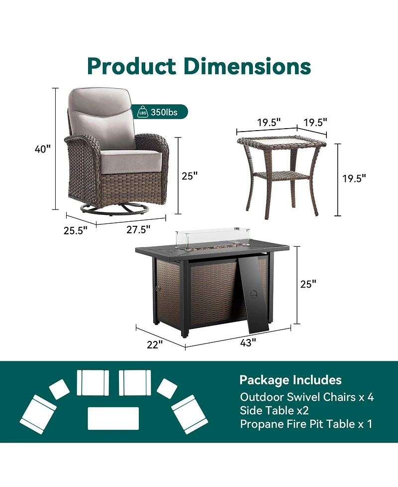 Pocassy 7Pcs Patio Rocking Swivel Chair with 50,000 Btu Fire Pit Table Outdoor Wicker Rattan Bistro Set Tempered Glass Side Tables