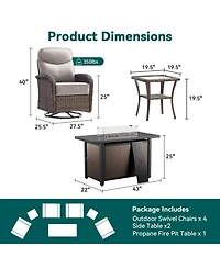 Pocassy 7Pcs Patio Rocking Swivel Chair with 50,000 Btu Fire Pit Table Outdoor Wicker Rattan Bistro Set Tempered Glass Side Tables