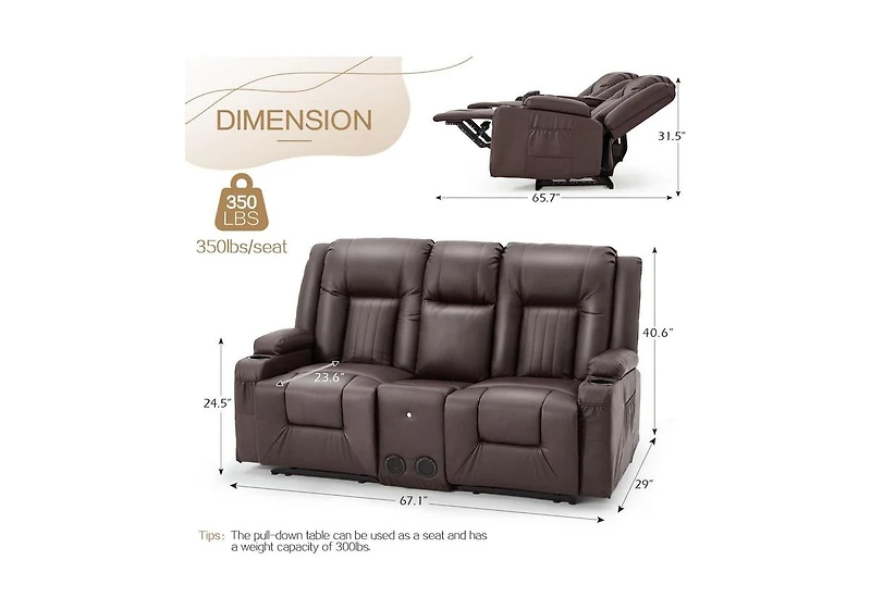 Aecojoy Recliner Loveseat with ConsoleandBluetooth Speakers, Manual Rv Reclining Sofa