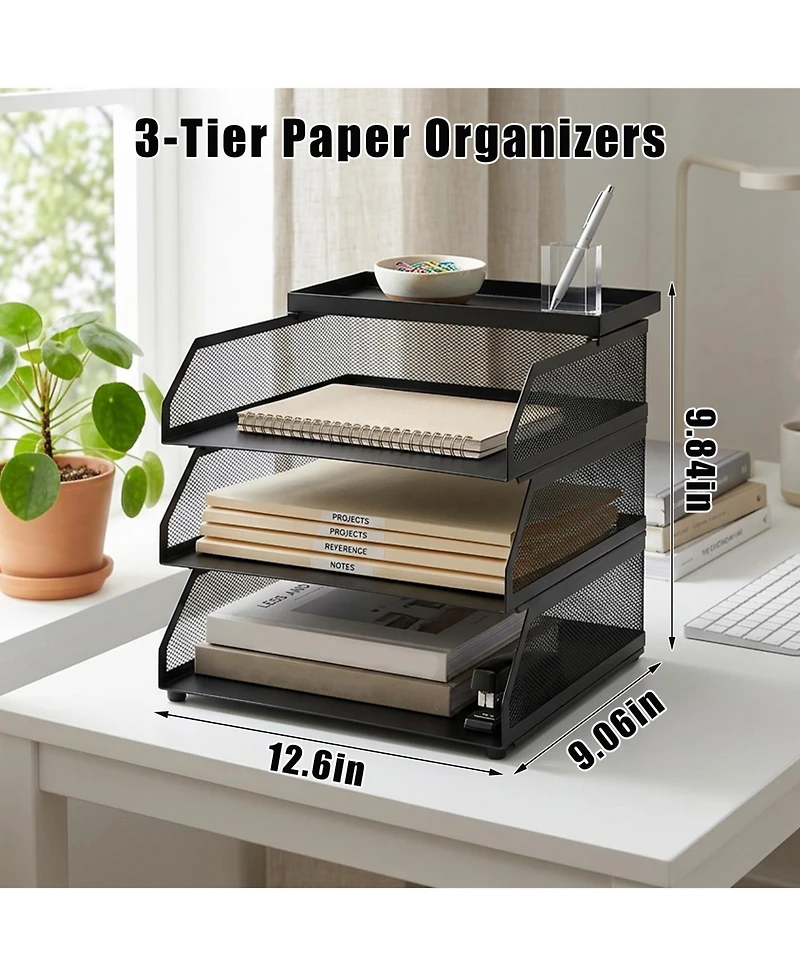 gaomon Stackable Mesh Desk Organizer, 3-Tier Metal Document Tray with Top Shelf