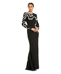 Mac Duggal Petite Jersey Long Sleeve Beaded Column Gown