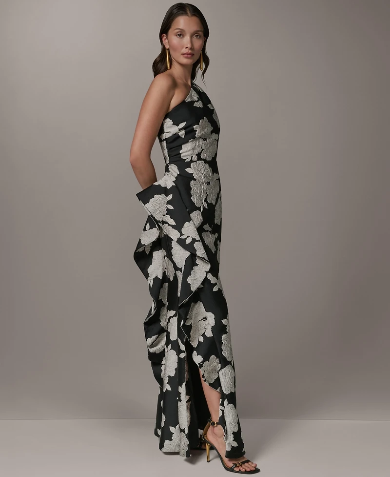 Donna Karan New York Women's Floral One-Shoulder Ruffle Evening Gown