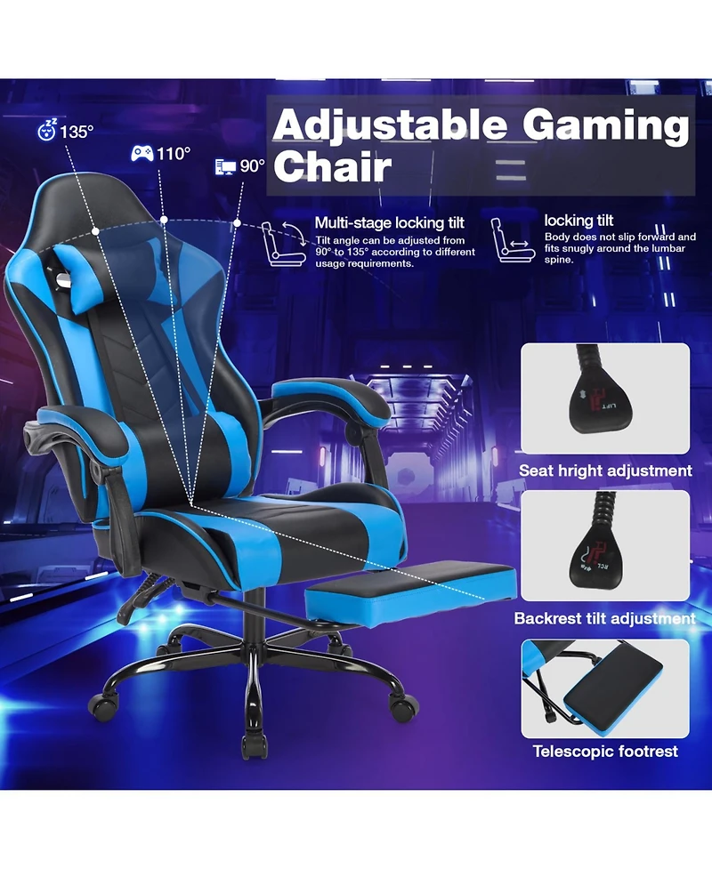 ECHTPeak Gaming Chair with Footrest, Headrest and Lumbar Support, Pvc Leather Material, Support Racing Style Video for Office/Home