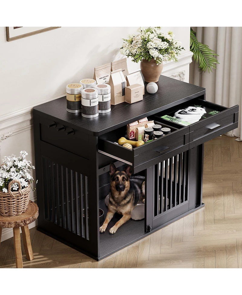 gaomon 44.5'' Dog Crate Furniture with Storage Drawers, Wooden Double Cage Tv Stand 2 Sliding Barn Doors, for Medium/Large Breeds