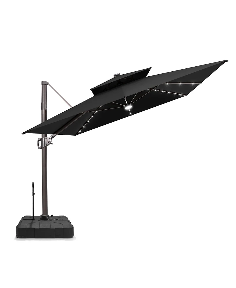 Pellebant Outdoor Patio 9x11FT Aluminum Double Canopy Solar Lights Cantilever Umbrella with Rod Wheel Base