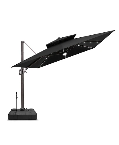 Pellebant Outdoor Patio 9x11FT Aluminum Double Canopy Solar Lights Cantilever Umbrella with Rod Wheel Base