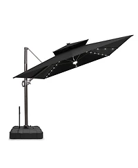Pellebant Outdoor Patio 9x11FT Aluminum Double Canopy Solar Lights Cantilever Umbrella with Rod Wheel Base