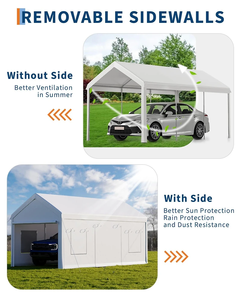 homfan Car Canopy with 4 Sidewalls, Heavy Duty Carport Tent with Roll-Up Windows, Galvanized Steel Frame Pe Fabric Vehicle Shelter