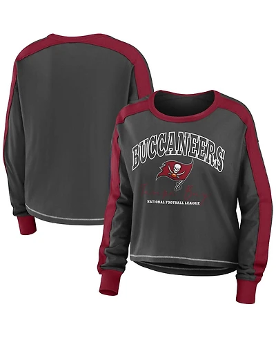 Wear by Erin Andrews Women's Pewter/Red Tampa Bay Buccaneers Color Block Modest Crop Long Sleeve T-Shirt